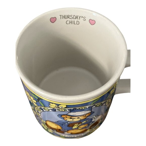 Lucy & Me Thursdays Child Ceramic Mug 1996 Teddy Bear Design Blue Yellow Flower - Picture 2 of 4